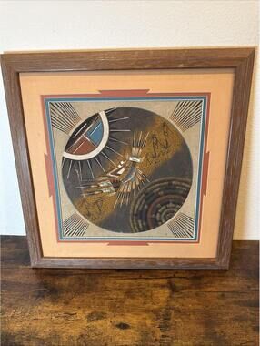 Navajo Sand Art Double Yei Figures w/ Corn Signed Begay Native Wall Art 13"x 13"